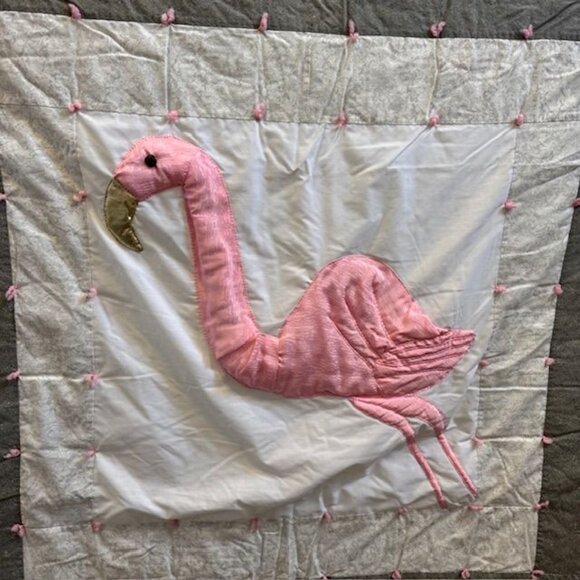 Handcrafted Flamingo Quilt Throw Blanket 80" x 80" Pink White & Gray - Picture 2 of 8